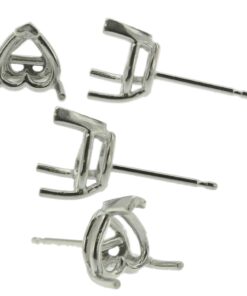 14k White Gold V-End Heart Stud Earring Mounting Setting Push Back Post 3 Prong