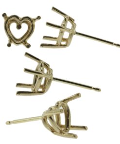 14k Yellow Gold Heart Shape Stud Earring Mounting Setting Push Back Post 4 Prong