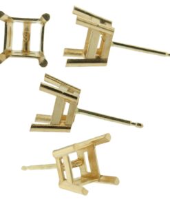 14k Yellow Gold Princess Stud Earring Mounting Setting Push Back Post 4 Prong