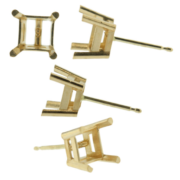 14k Yellow Gold Princess Stud Earring Mounting Setting Push Back Post 4 Prong