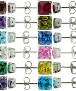 Sterling Silver 925 Birthstone Stud Earrings Princess Cut CZ Womens Babys Girls