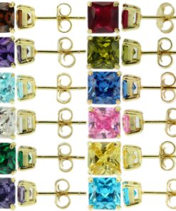 Sterling Silver 925 Yellow Gold Birthstone Stud Earrings Princess Cut CZ Womens