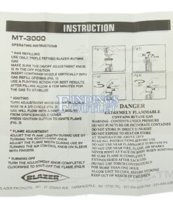 Blazer MT3000 Butane Refillable Torch Instructions Back