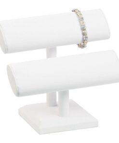 White Faux Leather Bracelet Necklace Jewelry Display Holder Oval 2-Tier T-Bar Stand