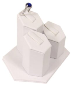 White Faux Leather 3 Ring Jewelry Display Holder Showcase Tower Clip Stand